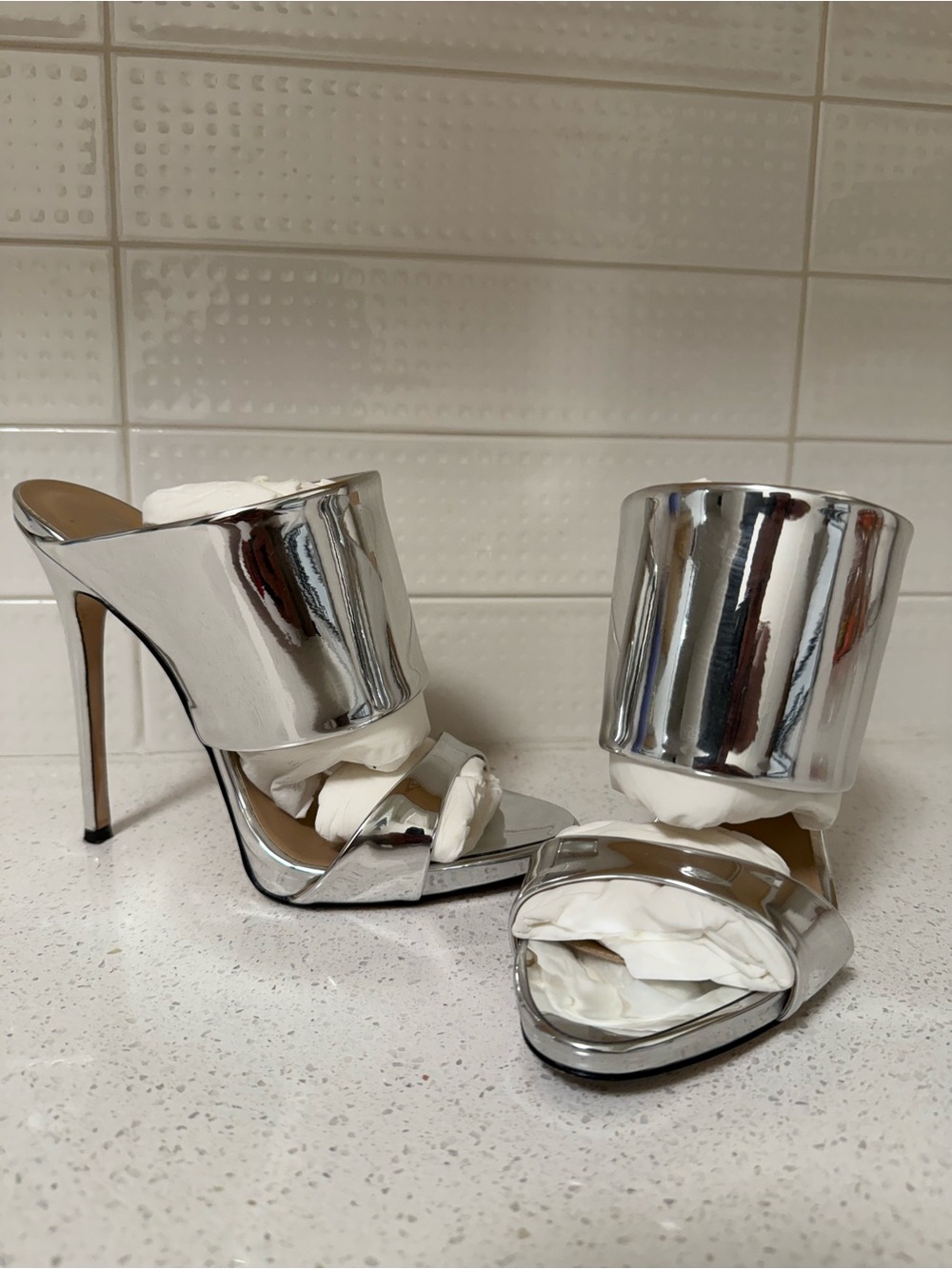 Giuseppe Zanotti Chrome Silver Mirrored Block Heel Sandals - Picture 2 of 5
